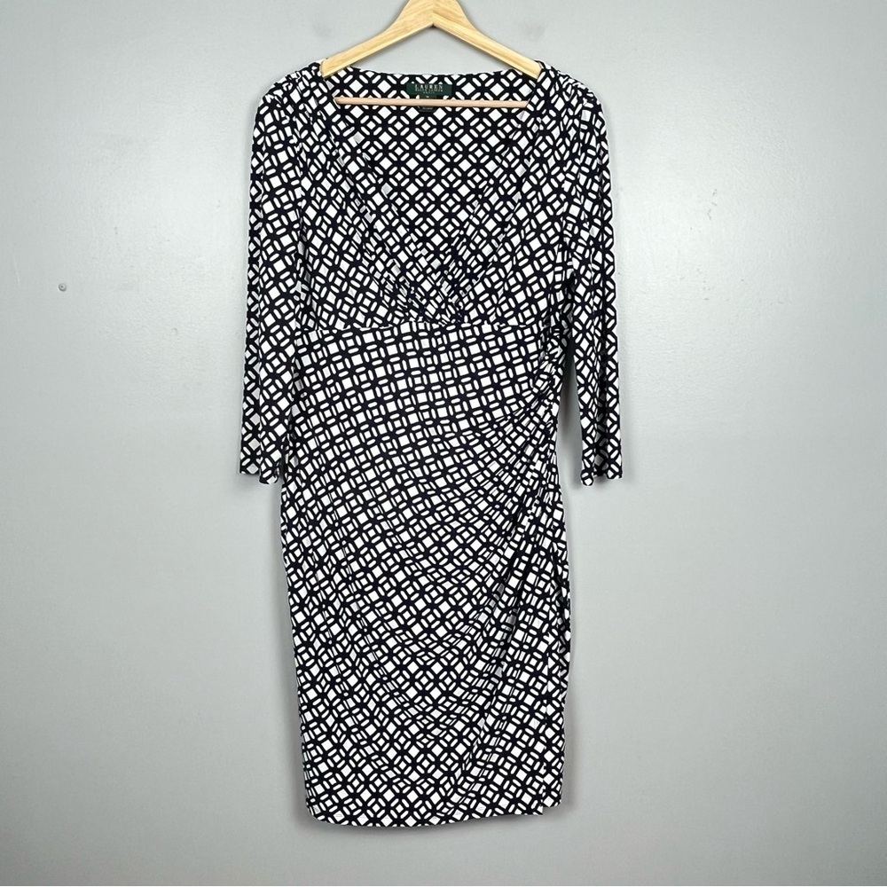 Lauren Ralph Lauren navy & white geometric faux wrap 3/4 sleeve dress, 14.